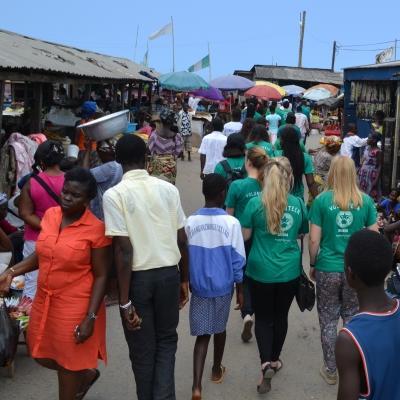 Interns visit a community where many children are trafficked from on for their Human Rights work in Ghana. A Projects Abroad group visits a local community during their Human Rights internships in Ghana.
